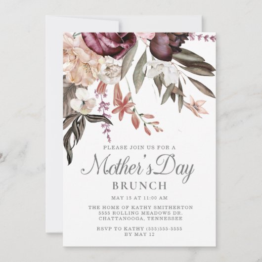 Elegant Burgundy Floral Boho Moederdag Kaart (Voorkant)