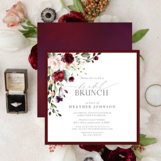 Elegant Burgundy Floral Botanical Bridal Brunch Kaart