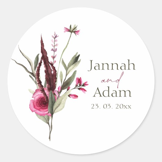 Elegant Burgundy Floral Bouquet Wedding Ronde Sticker (Voorkant)