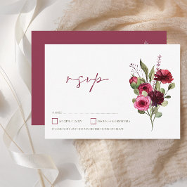 Elegant Burgundy Floral Bouquet Wedding RSVP Kaartje