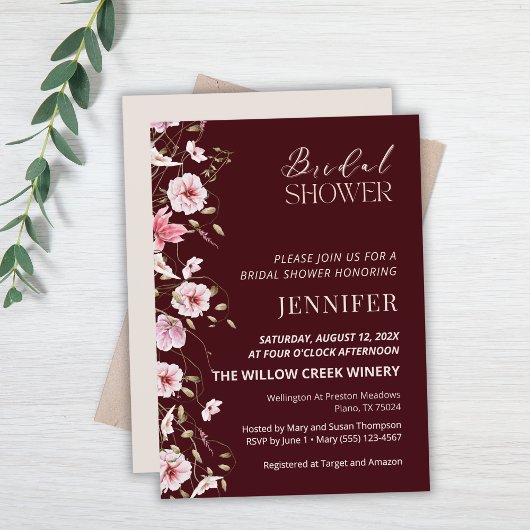 Elegant Burgundy Floral Bridal Shower Invitation Kaart