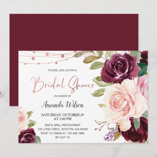 Elegant Burgundy Floral Bridal Shower Kaart (Voorkant / Achterkant)