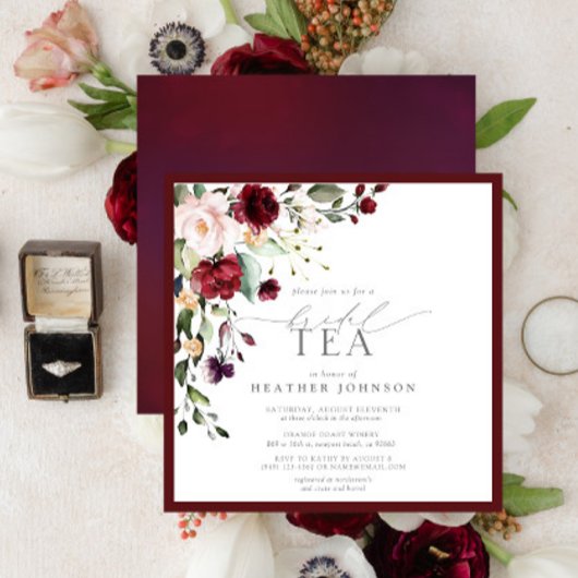 Elegant Burgundy Floral Bridal Tea Shower Kaart