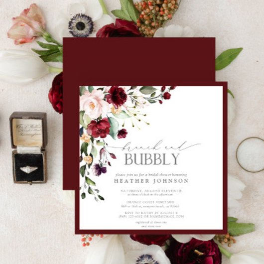 Elegant Burgundy Floral Brunch & Bubble Shower Kaart