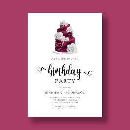 Elegant Burgundy Floral Cake Birthday Party Kaart