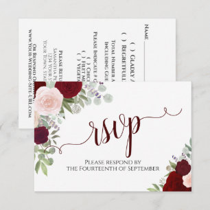 Elegant Burgundy Floral Calligraphy Wedding RSVP Kaartje