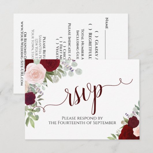Elegant Burgundy Floral Calligraphy Wedding RSVP Kaartje (Voorkant / Achterkant)