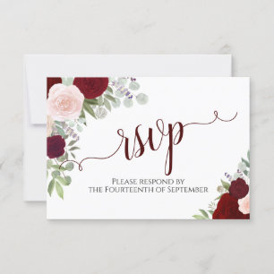 Elegant Burgundy Floral Calligraphy Wedding RSVP Kaartje