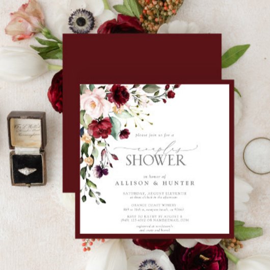 Elegant Burgundy Floral Couples Shower Kaart