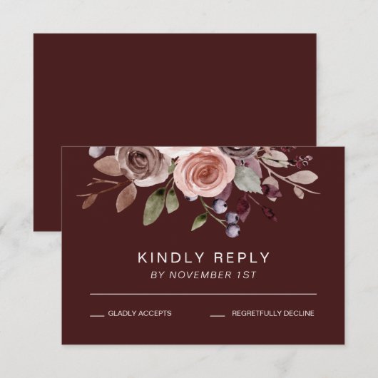 Elegant burgundy Floral Fall Wedding RSVP-kaart RSVP Kaartje (Voorkant / Achterkant)