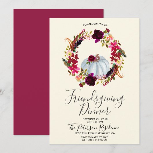 Elegant Burgundy Floral Friendsgiving Kaart (Voorkant / Achterkant)