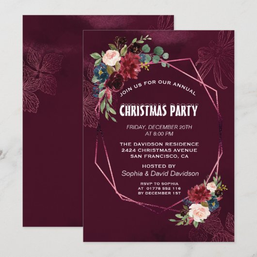 Elegant Burgundy Floral Geometric Kerstparty Kaart (Voorkant / Achterkant)