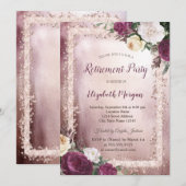 Elegant Burgundy Floral Glitter Lijst Retirement Kaart (Voorkant / Achterkant)