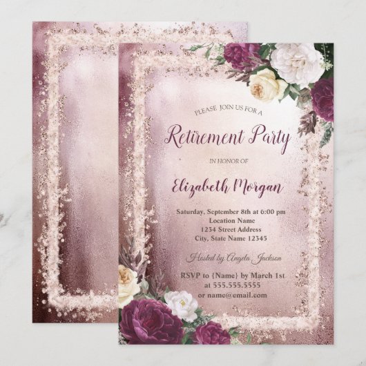 Elegant Burgundy Floral Glitter Lijst Retirement Kaart (Voorkant / Achterkant)