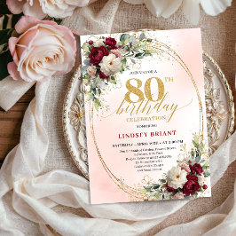 Elegant Burgundy Floral Gold 80th Birthday Party  Kaart