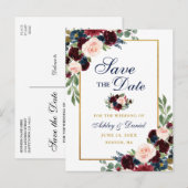 Elegant Burgundy Floral Gold Blue Save the Date Aankondigingskaart (Voorkant / Achterkant)