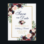 Elegant Burgundy Floral Gold Blue Save the Date Aankondigingskaart<br><div class="desc">Modern Elegant, Waterverf Burgundy Marsala Blue Floral, Gold Save the Date Verloving Briefkaart</div>