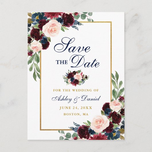 Elegant Burgundy Floral Gold Blue Save the Date Aankondigingskaart (Voorkant)