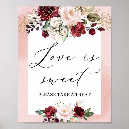 Elegant burgundy floral gold blush love is lief poster (Voorkant)