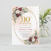 Elegant Burgundy Floral Gold Frame 90th Birthday Kaart (Staand voorkant)