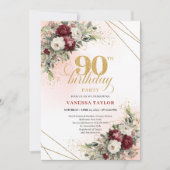 Elegant Burgundy Floral Gold Frame 90th Birthday Kaart (Voorkant)