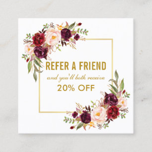 Elegant Burgundy Floral Gold Lijst Referral Vierkante Visitekaartje