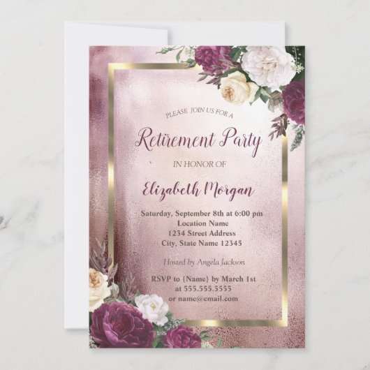 Elegant Burgundy Floral Gold Lijst Retirement Kaart (Voorkant)