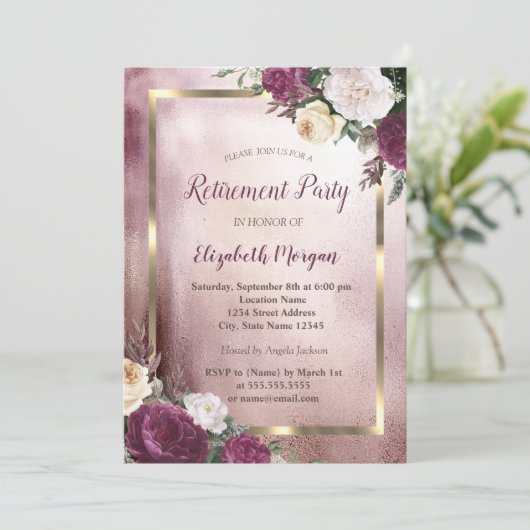 Elegant Burgundy Floral Gold Lijst Retirement Kaart (Staand voorkant)