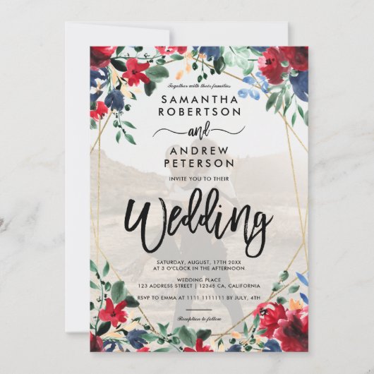 Elegant burgundy floral gold photoscript bruiloft kaart (Voorkant)