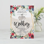 Elegant burgundy floral gold photoscript bruiloft kaart (Staand voorkant)