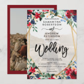 Elegant burgundy floral gold photoscript bruiloft kaart (Voorkant / Achterkant)