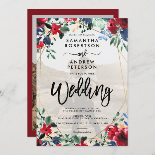 Elegant burgundy floral gold photoscript bruiloft kaart (Voorkant / Achterkant)
