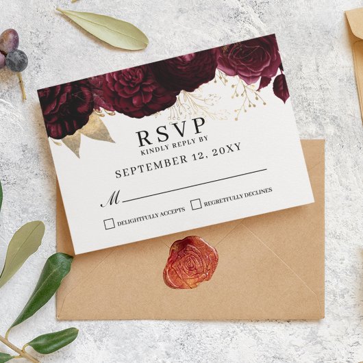 Elegant Burgundy Floral Gold RSVP Response Kaart