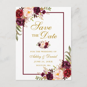 Elegant Burgundy Floral Gold Save the Date Aankondigingskaart