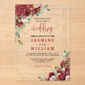 Elegant Burgundy Floral Gold Wedding Acryl Uitnodigingen (Voorkant)
