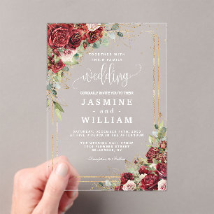 Elegant Burgundy Floral Gold Wedding Acryl Uitnodigingen