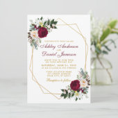 Elegant Burgundy Floral Greenery Gold Wedding Kaart (Staand voorkant)