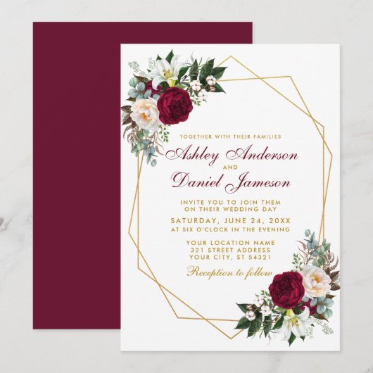 Elegant Burgundy Floral Greenery Gold Wedding Kaart (Voorkant / Achterkant)