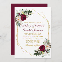 Elegant Burgundy Floral Greenery Gold Wedding Kaart