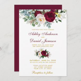 Elegant Burgundy Floral Greenery Wedding Gold Kaart