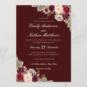 Elegant Burgundy Floral Lace Wedding Invitation Kaart