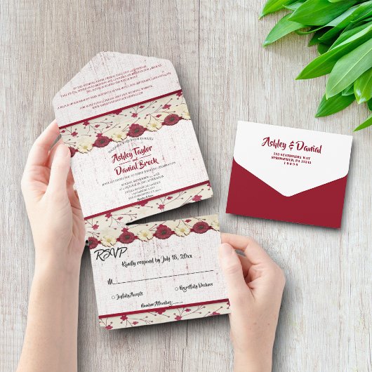 Elegant Burgundy Floral Lijst Boho Summer Wedding All In One Uitnodiging