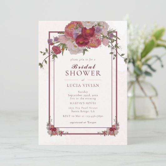 Elegant Burgundy Floral Lijst Vrijgezellenfeest Kaart (Staand voorkant)