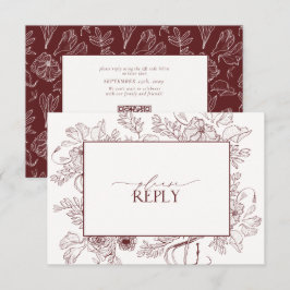 Elegant Burgundy Floral Line Art Weddenschap QR Co RSVP Kaartje