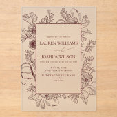 Elegant Burgundy Floral Line Art Wedding Acryl Uitnodigingen (Voorkant)