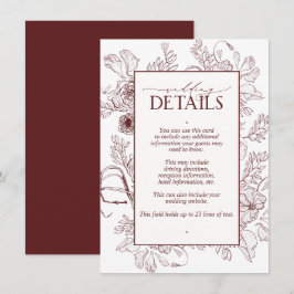Elegant Burgundy Floral Line Art Wedding Details Informatiekaartje