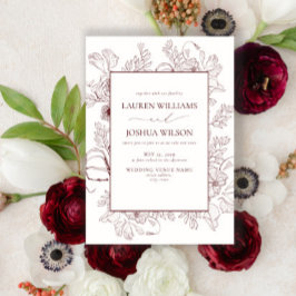Elegant Burgundy Floral Line Art Wedding Kaart