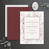 Elegant Burgundy Floral Line Art Wedding Kaart
