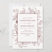 Elegant Burgundy Floral Line Art Wedding Kaart (Voorkant)