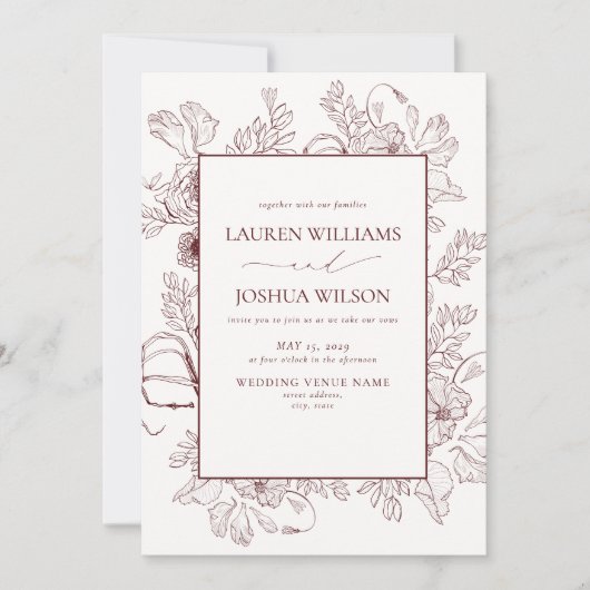 Elegant Burgundy Floral Line Art Wedding Kaart (Voorkant)